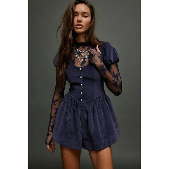 Free People Silver Bells Velvet Romper Smocked Puff Sleeve Classic S NEW 279141